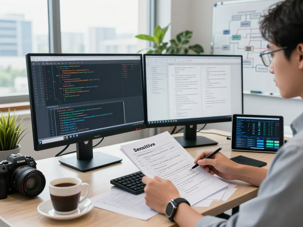 Analyst utilizing advanced document fraud detection techniques in a professional office workspace.