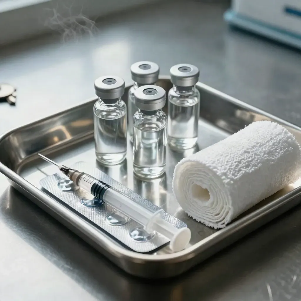 Stainless tray with sealed vials, a capped syringe body, blister strips, and gauze on a lab bench.