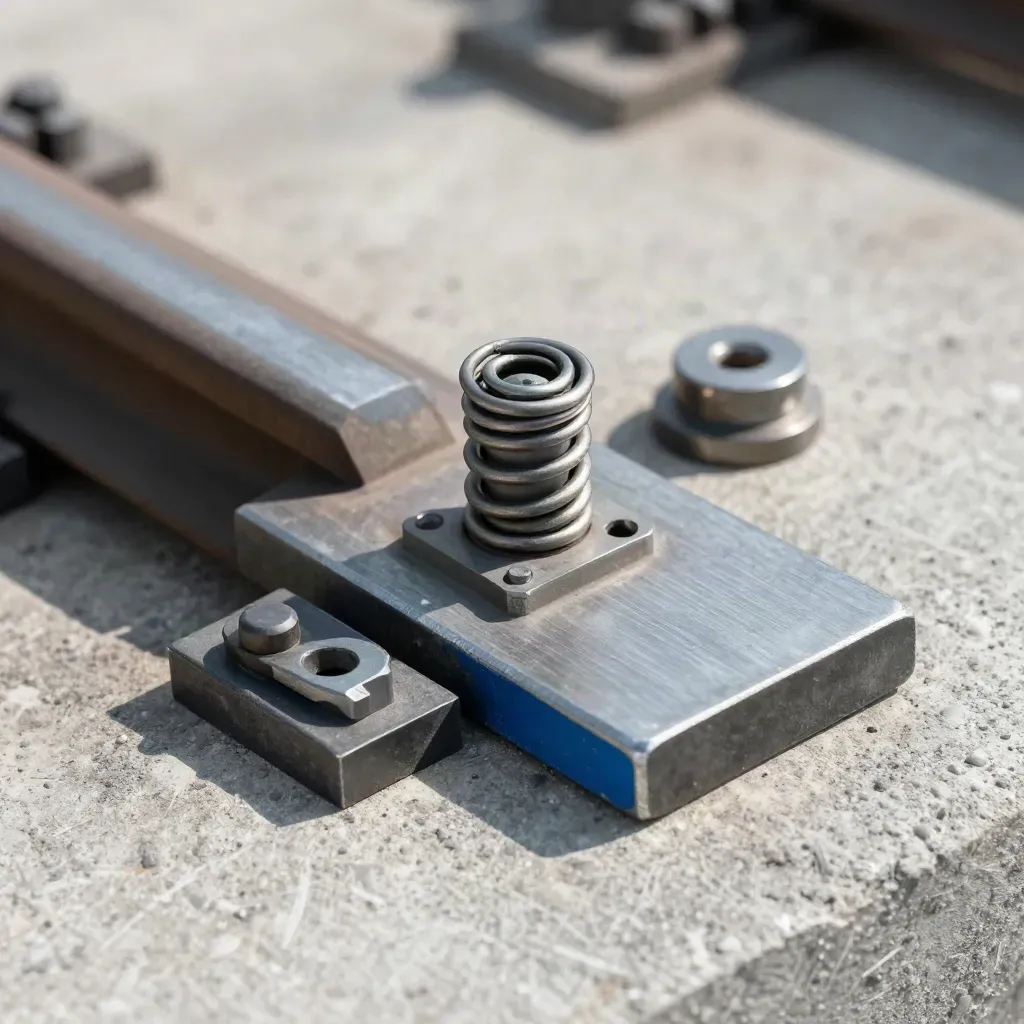 Rail hardware on dusty concrete: fastening plate, spring clip, washer and gauge block with a blue mark.