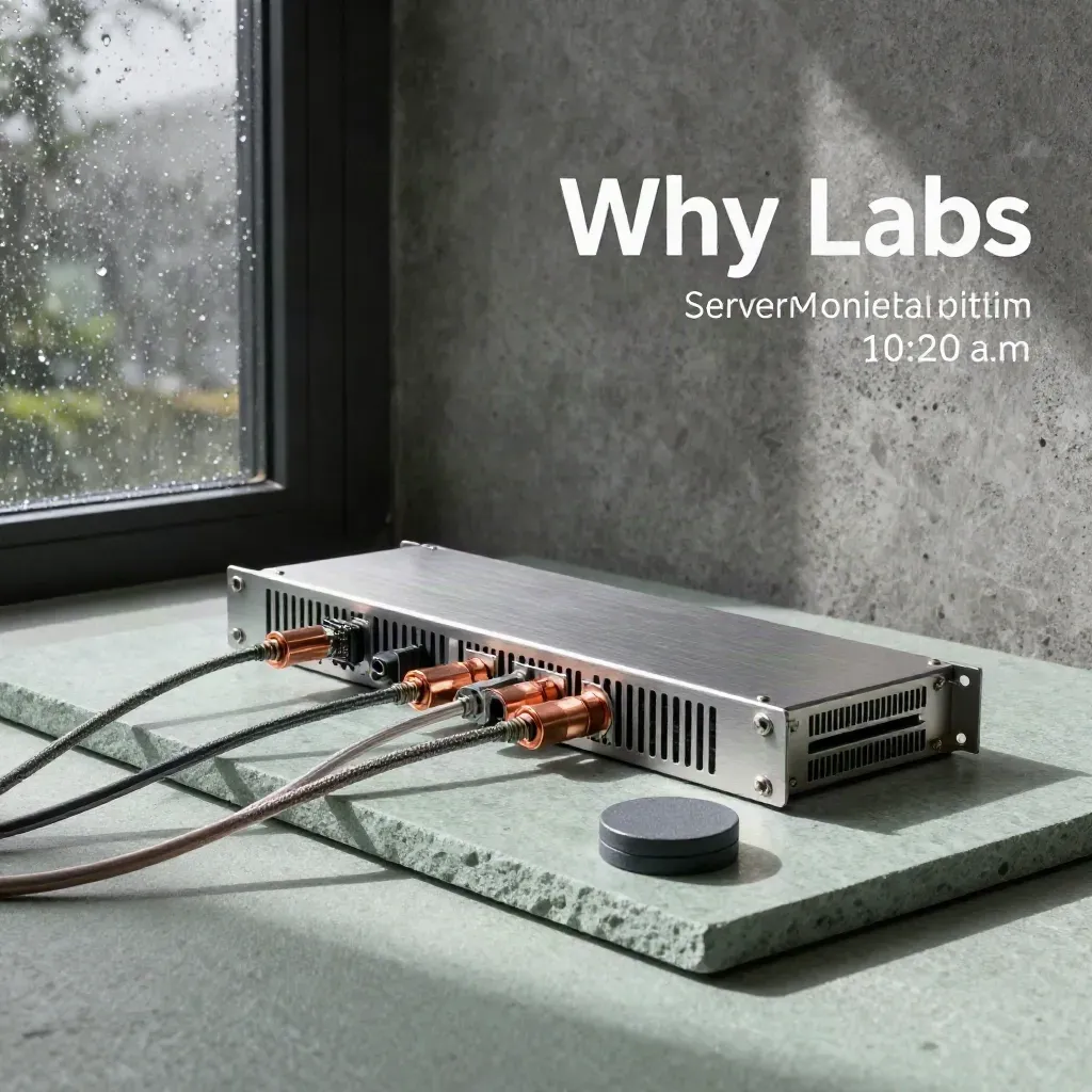 Server blade, patch leads, copper couplers and calibration puck on pale stone in dramatic studio light.