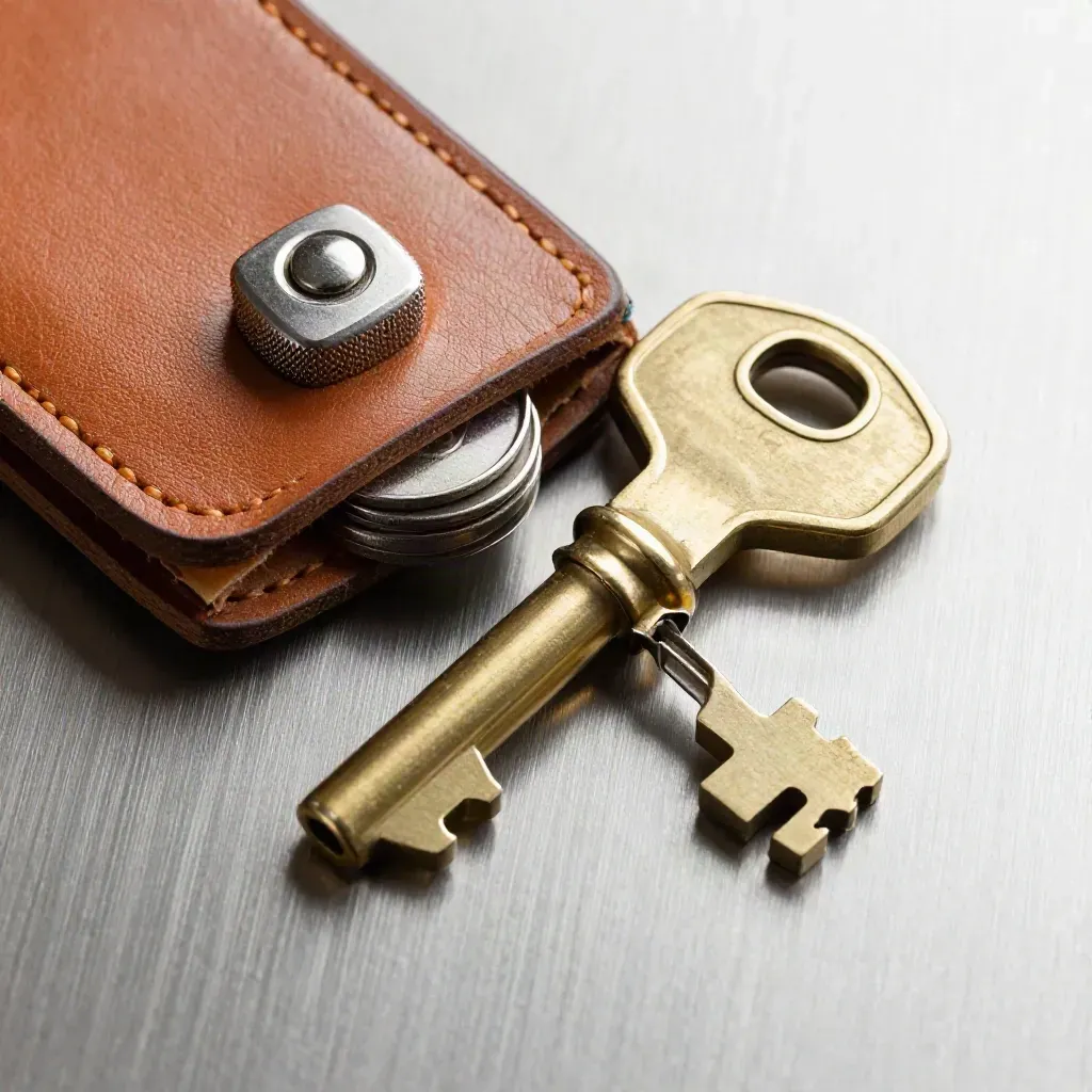 Brass vault key, leather sleeve, steel discs and knurled cap on brushed metal