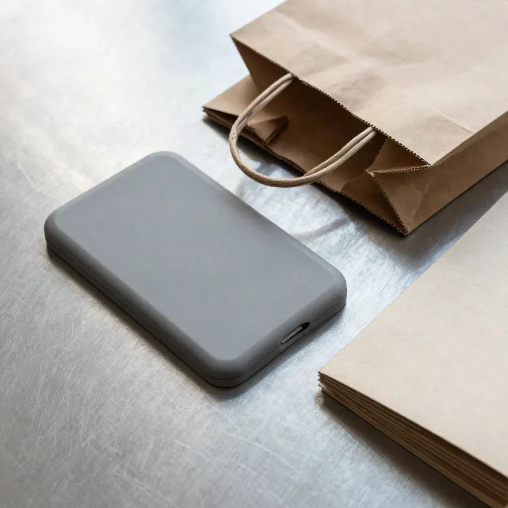 Flat-lay of kraft packaging samples, a card reader shell, bag handles, and carton corners on pewter.
