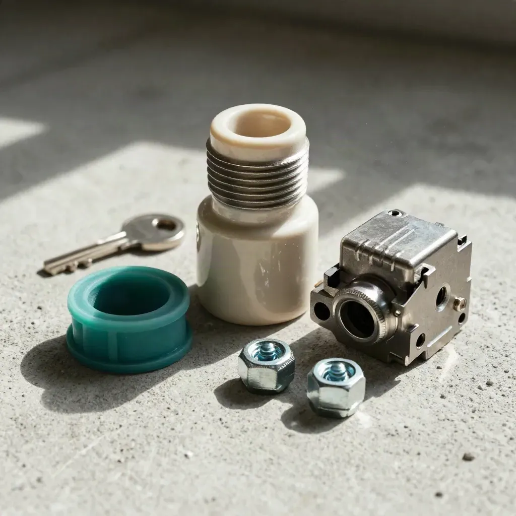 Ceramic cable glands, relay housing, gasket, and hex fasteners on pale concrete under side light.