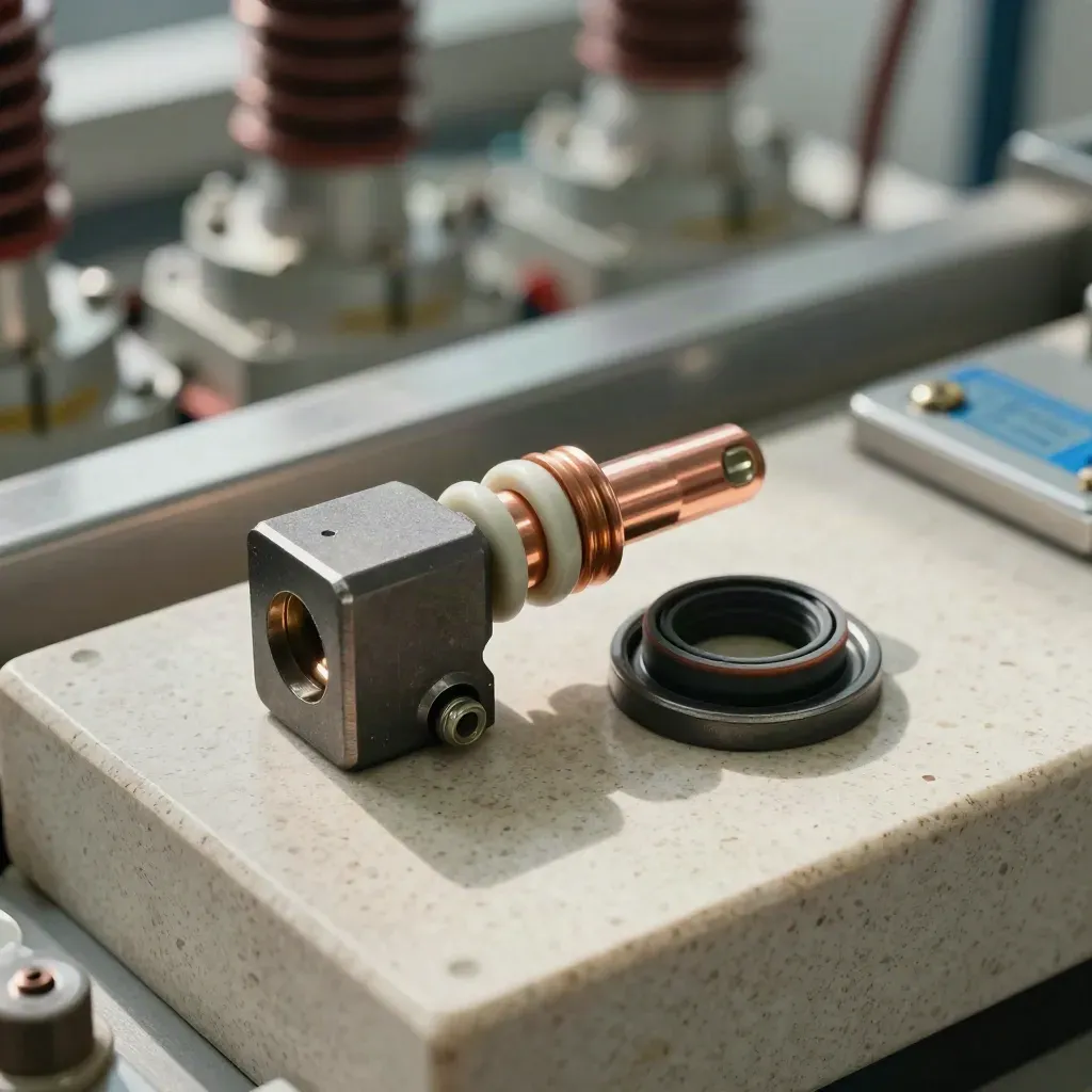 Macro still life of electrical hardware on travertine stone in a clean industrial workshop.