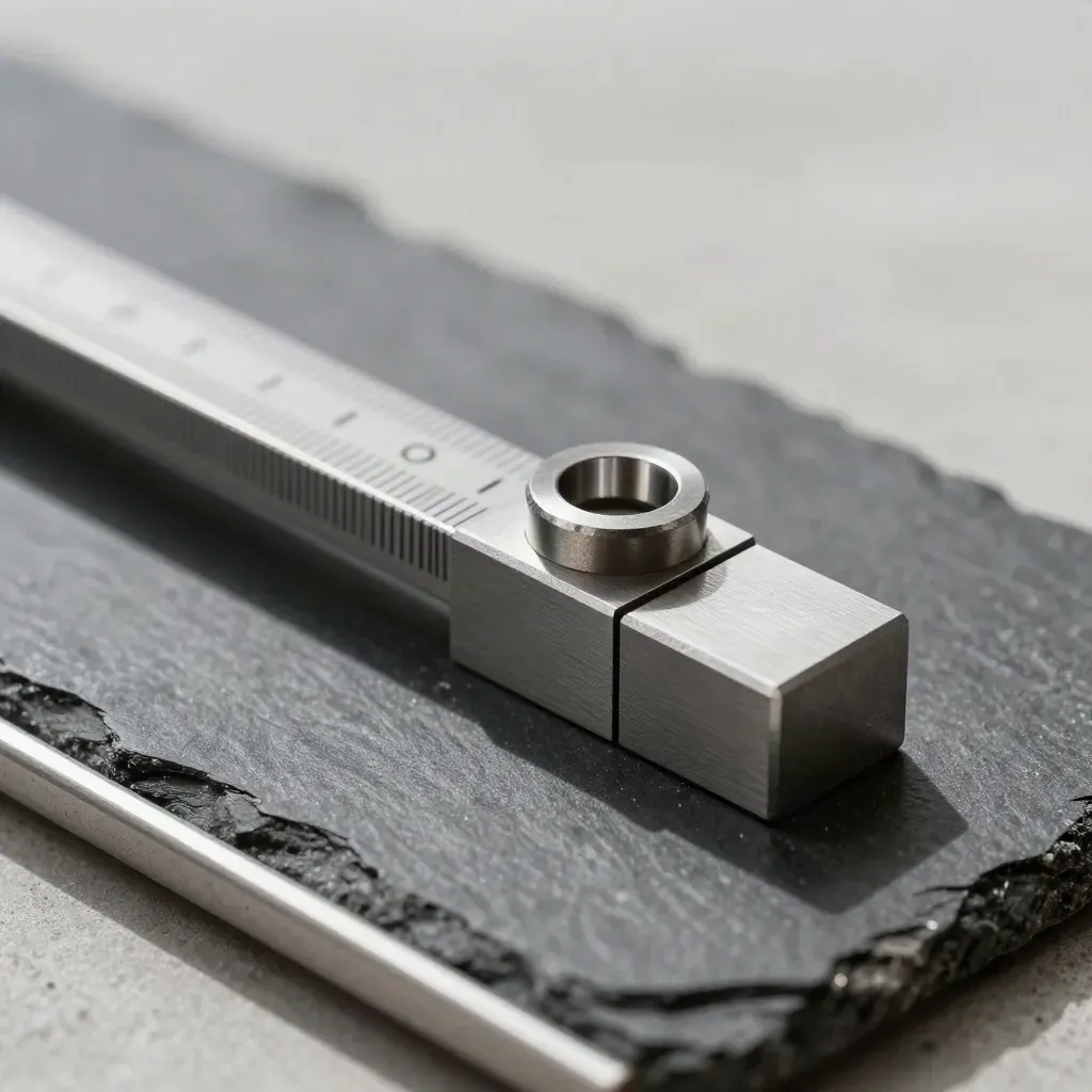 Gauge blocks, feeler shim and alignment ring on charcoal concrete with crisp raking light.