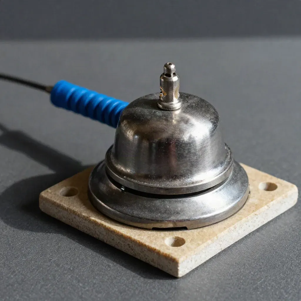 Close-up of a mechanical bell relay and connectors on a graphite surface in dramatic industrial light.