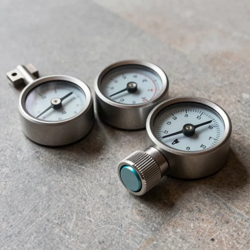 Three brushed aluminium gauges and a knurled selector knob on stone in soft side light.