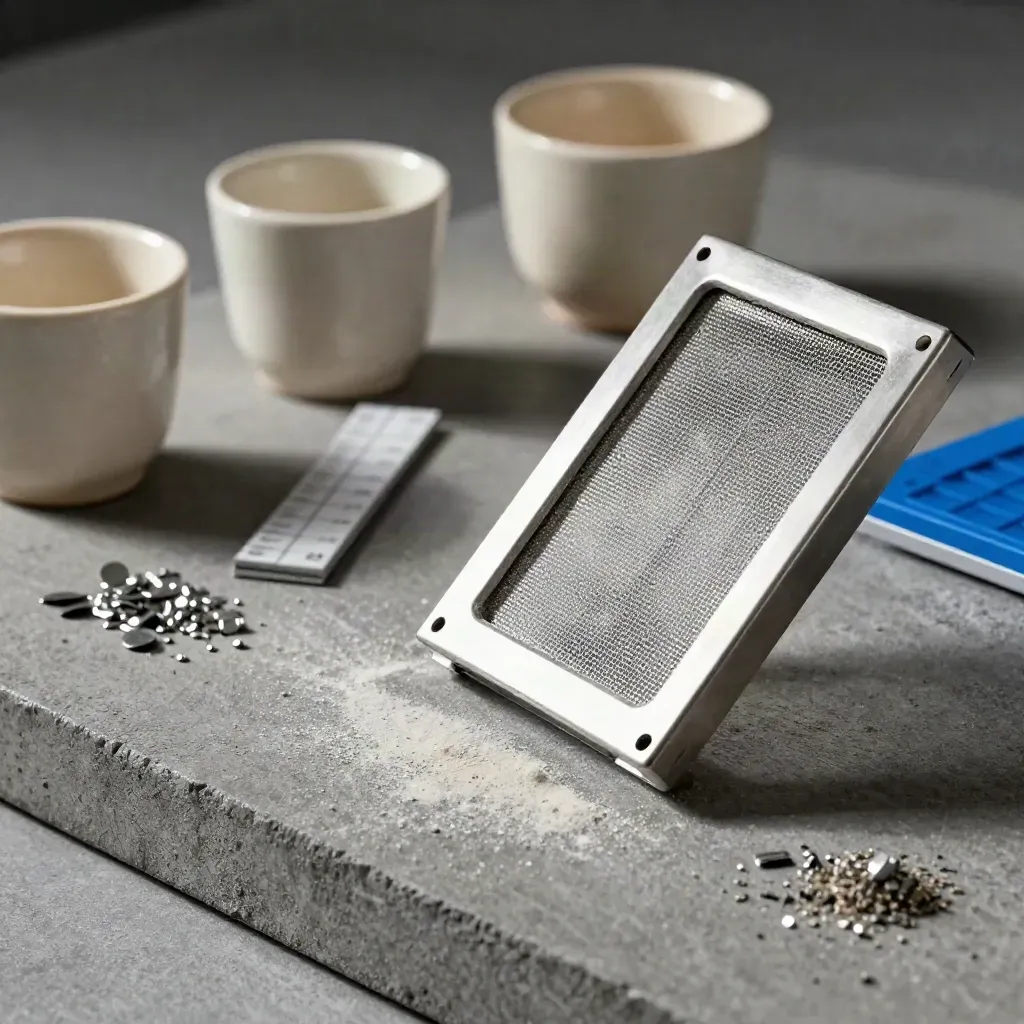 Macro still life of filter screens, sample cups and test shims on graphite concrete.