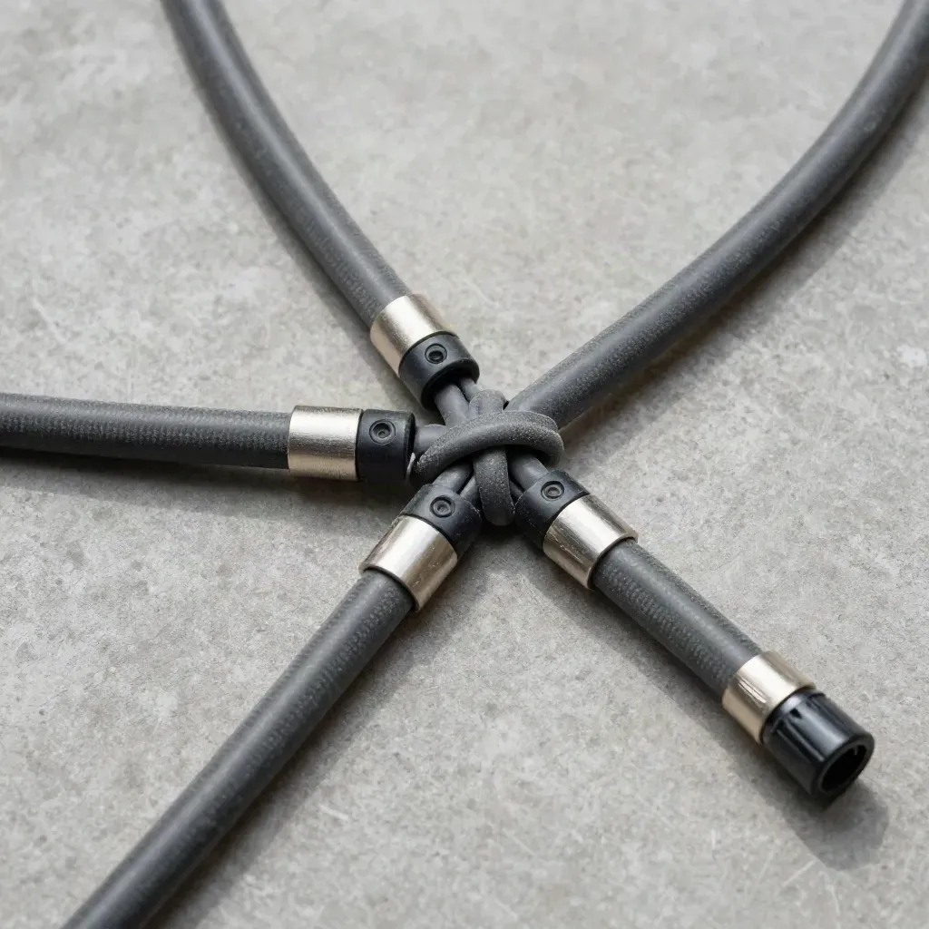 Top-down cable harness and junction clips on concrete, lit by soft daylight.