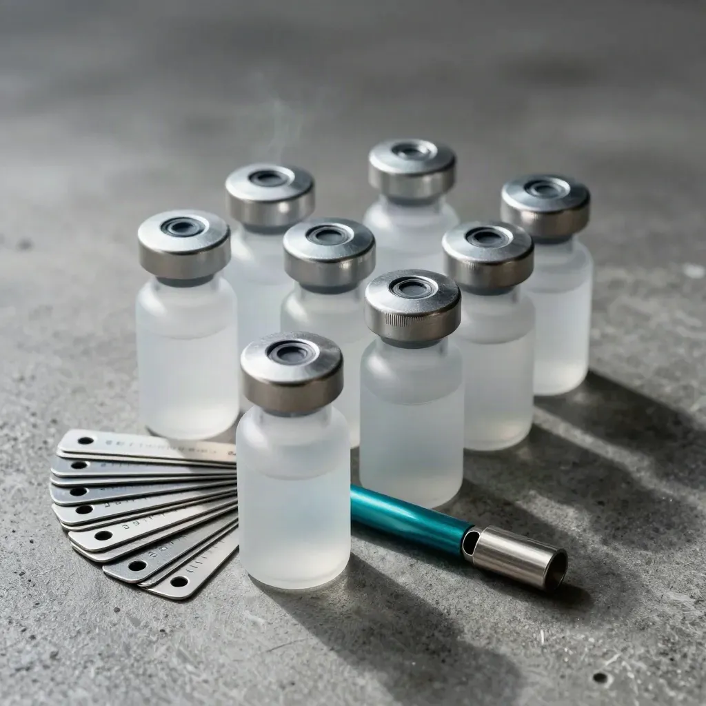 Sample vials and aluminum tags on concrete under dramatic lab light.