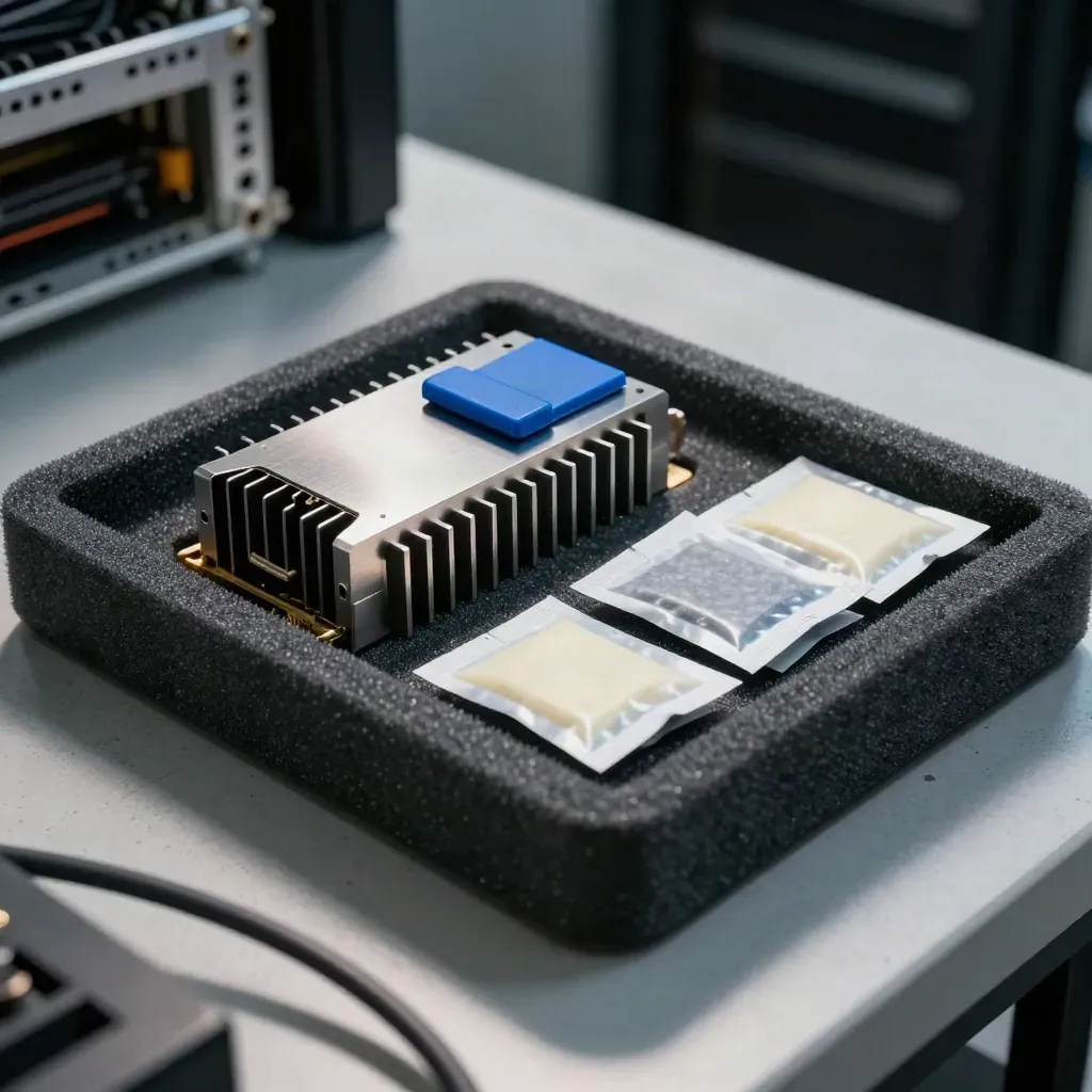 GPU heatsink, fibre transceiver and thermal pads in foam tray, viewed through a blurred cable loop