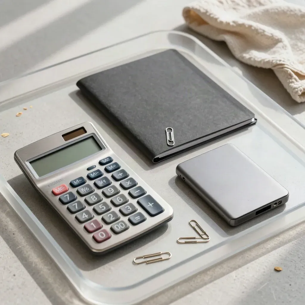 Overhead still life of calculator, report folder, page clips, and SSD on pale concrete.