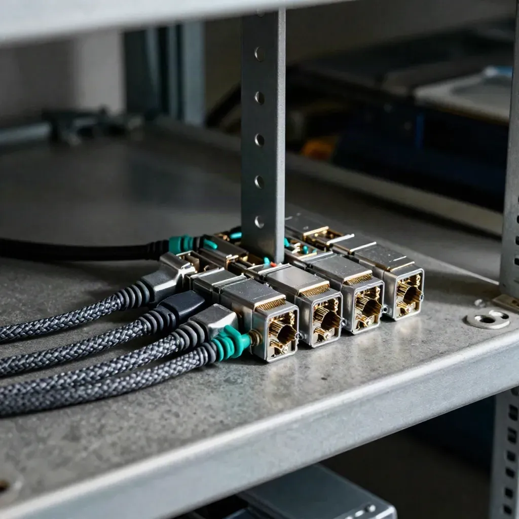 Rack rail, SFPs, braided patch leads, and cable comb in a dramatic server-room still life.