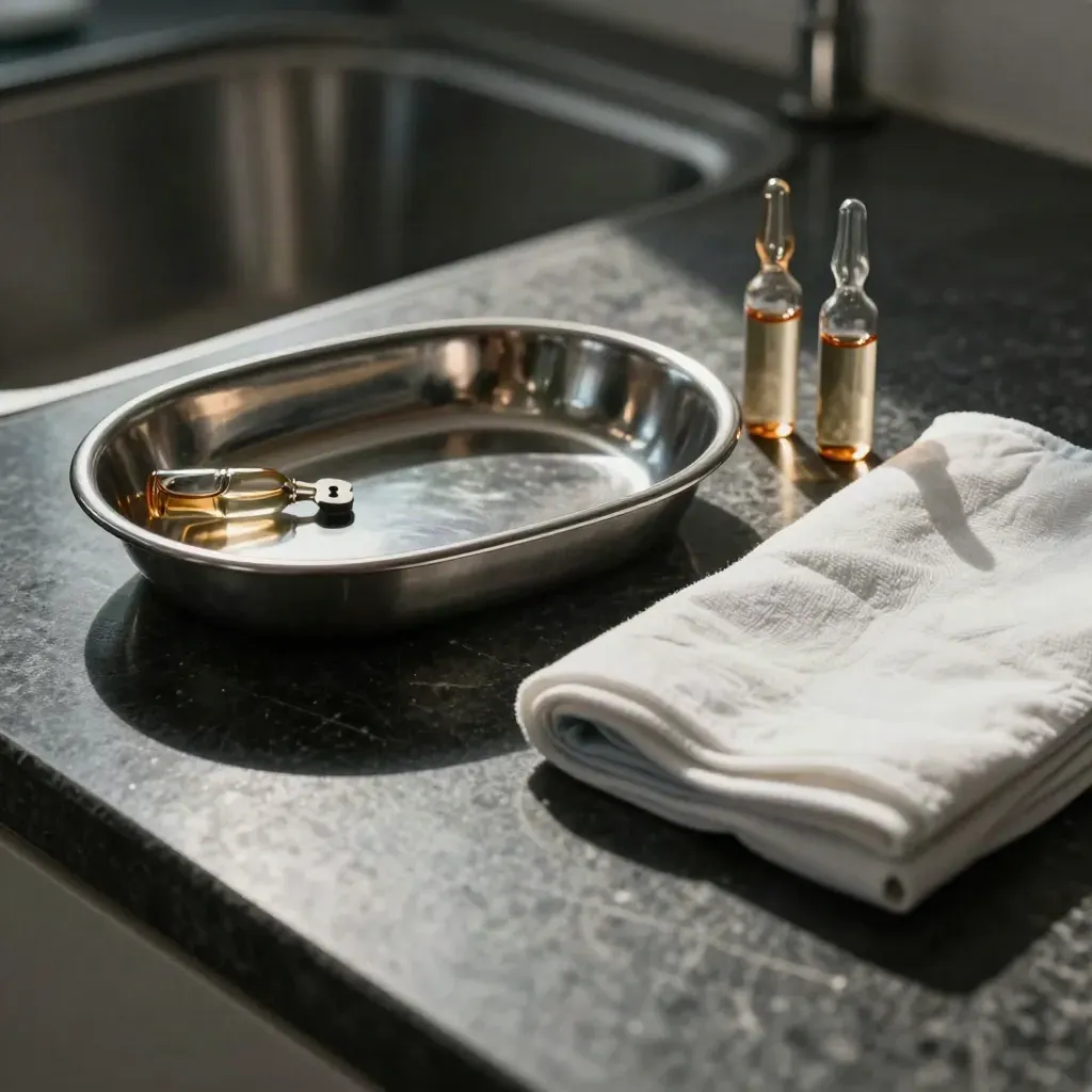 Kidney dish, ampoules, and folded surgical drape on dark stone in dramatic light.