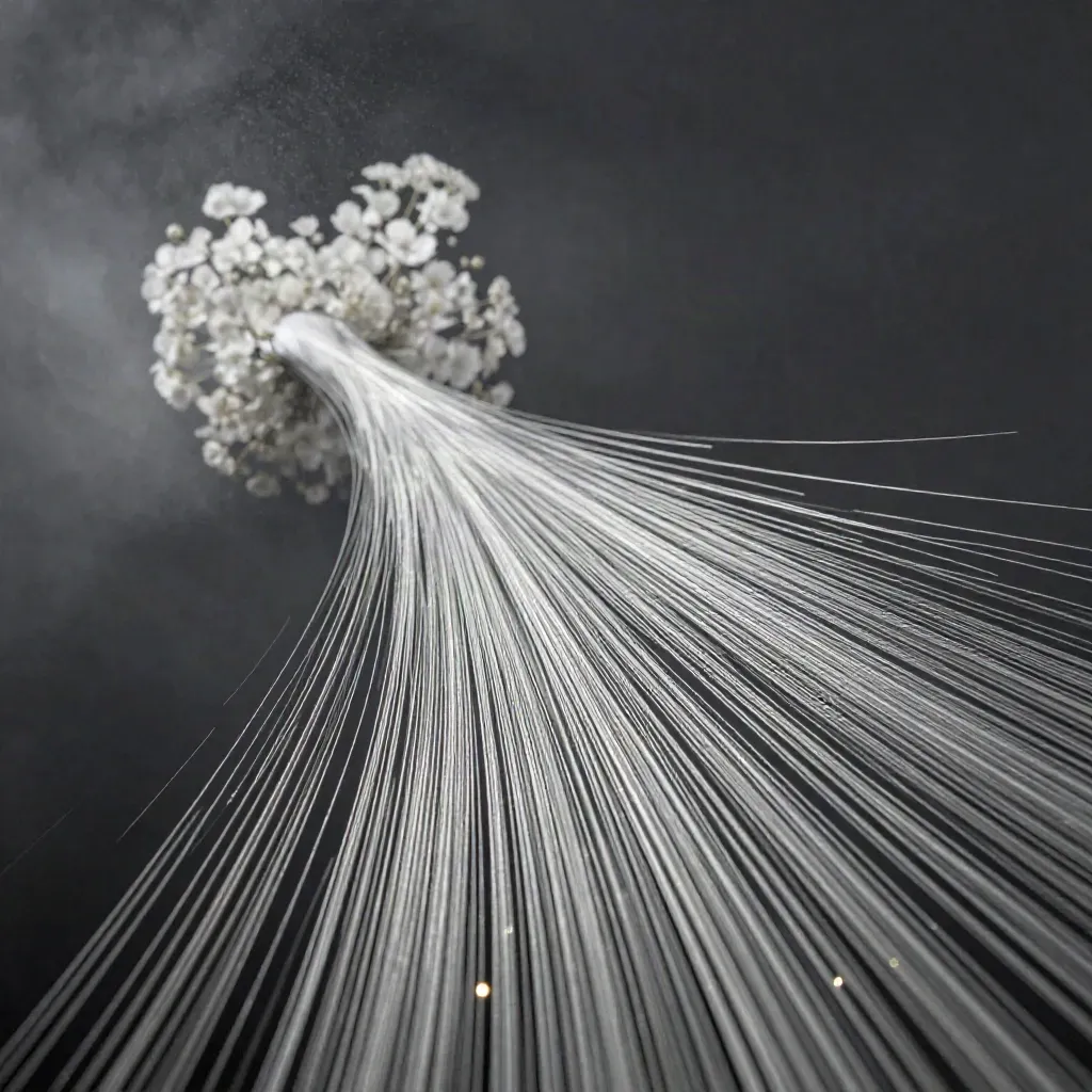 Silver light filaments bloom in dark graphite haze, leaving calm space for copy.