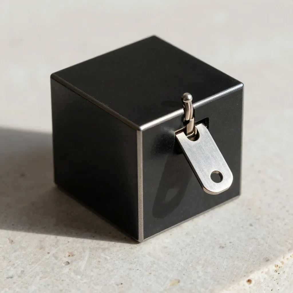 Black cube, steel pin, and hinge plate nested on pale limestone under dramatic side light.