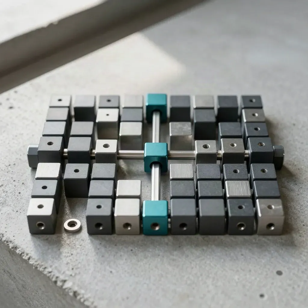Top-down grid of precision connectors and blocks on concrete with a teal accent