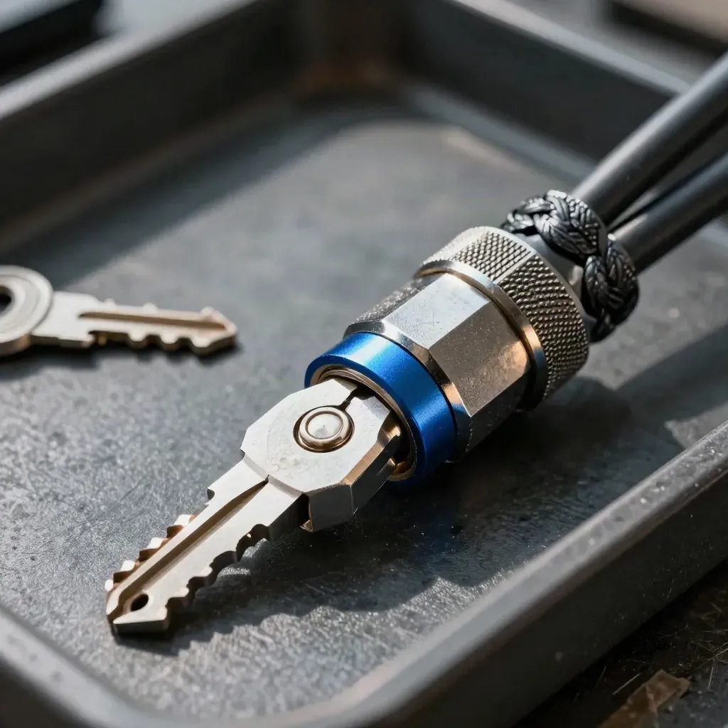 Braided cable terminator and metal clips on a dark stone tray with a blue accent