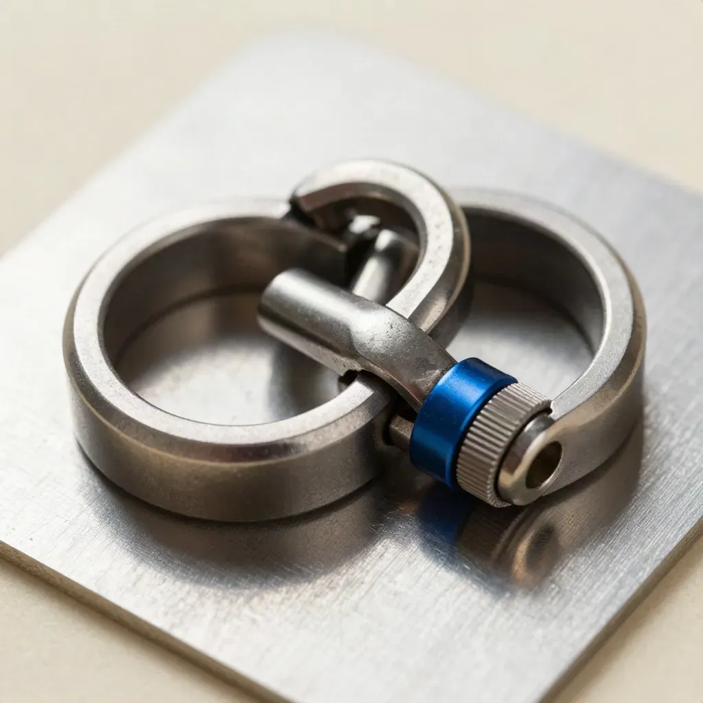 Macro still life of interlocking metal rings, connector and spacers on brushed metal with blue accent.